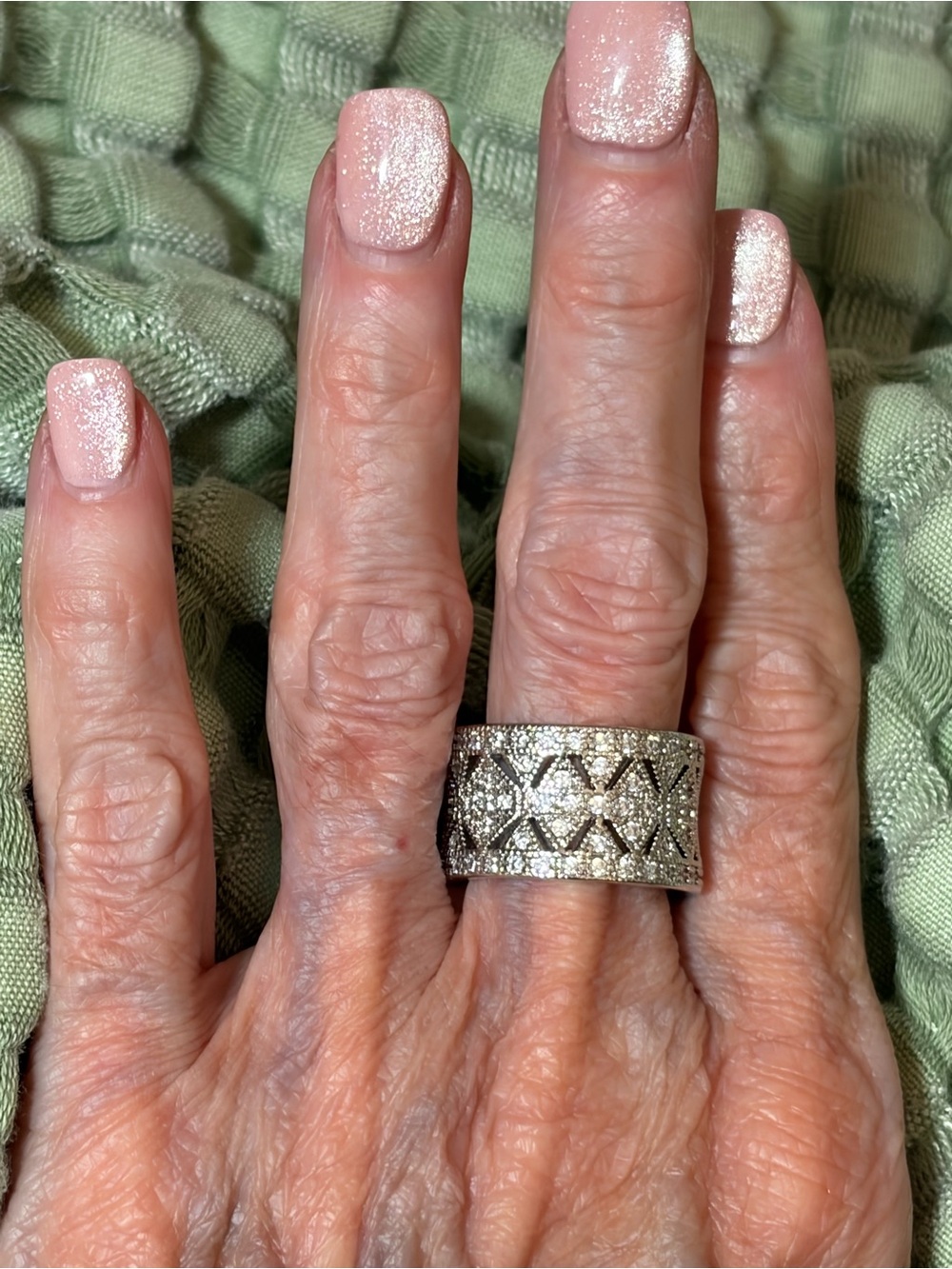 Silver Tone Wide Rhinestone Geometric Statement Ring Size 8